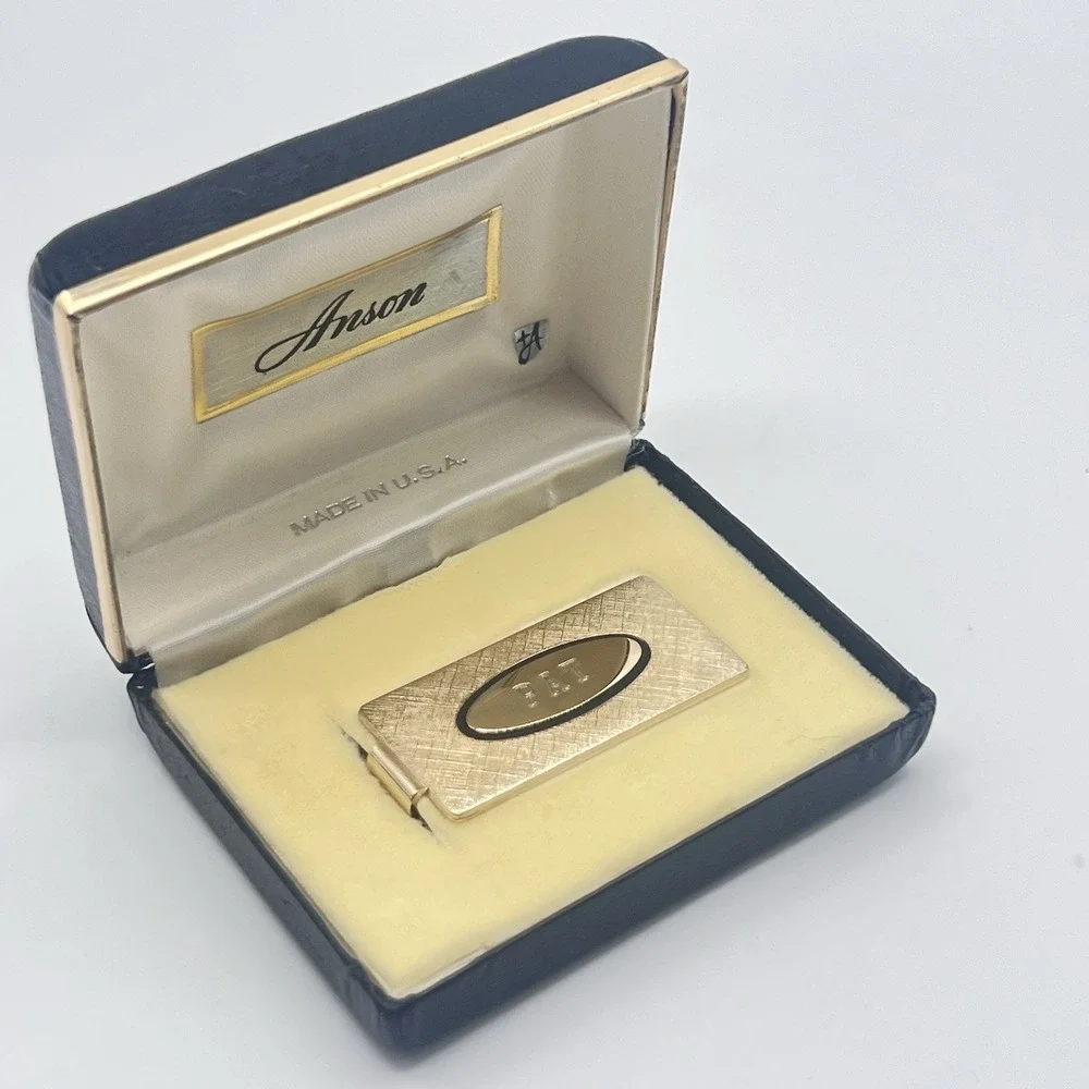 Vintage Anson Money Clip Gold Tone PAT Monogram Textured Finish W/ Original Box